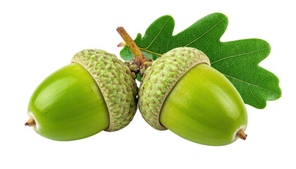 Two Green Acorns With Oak Leaf Isolated On Transparent Background Autumn Harvest Still Life For Food And Nature Related Projects And Designs