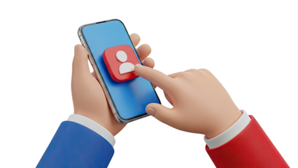 Hands holding smartphone with user icon