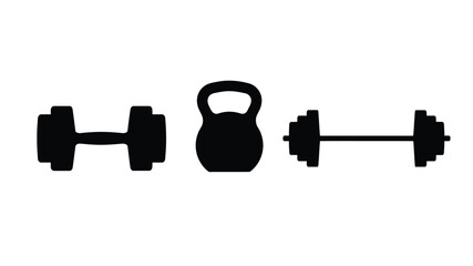 Black silhouettes of a dumbbell kettlebell and barbells in a row