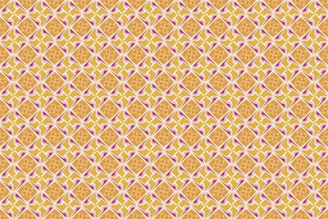 A vibrant yellow and purple geometric pattern with intricate diamond shapes and white accents