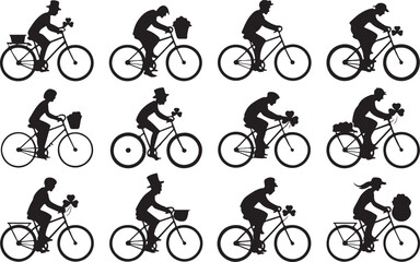 Silhouettes of People Riding Bicycles with St. Patrick's Day Elements on White Background Keywords: silhouette, person, riding, bicycle, bike, st patrick's day, shamrock, clover, lucky, leprechaun