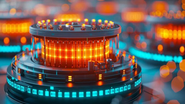 Futuristic glowing technology with peak energy and reliability vibrant orange and blue environment