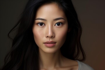 Studio portrait of attractive young asian woman with long black hair and natural makeup