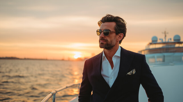 Rich man or businessman in suit and sunglasses standing on a boat or yacht looking into the distance with a beautiful sunset in the background, space for text or inscriptions