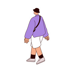 Man walking outdoors. Young male in summer outfit, panama hat, shorts, cross-body bag and sneakers, strolling in casual modern style, back view. Flat vector illustration isolated on white background