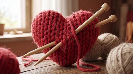 Heart of Craft:  A handcrafted heart, knitted with passion and care, rests on a rustic wooden surface, embraced by knitting needles and surrounded by colorful yarn, it represents love.