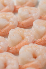Peeled white shrimp with tails-on, arranged in a rows.