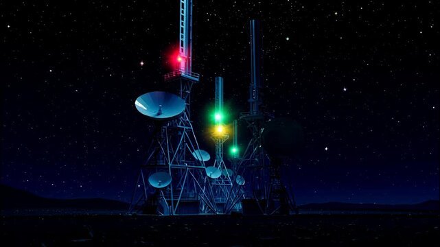 Wide shot of a futuristic communication tower illuminated against a starry night sky. The camera slowly zooms in, revealing the intricate details of the satellite dishes and glowing lights. The enviro
