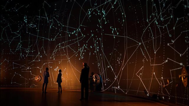 Wide shot of three figures standing in awe before a massive, illuminated projection of constellations and star maps. The camera slowly pans across the scene, revealing intricate details of the celesti