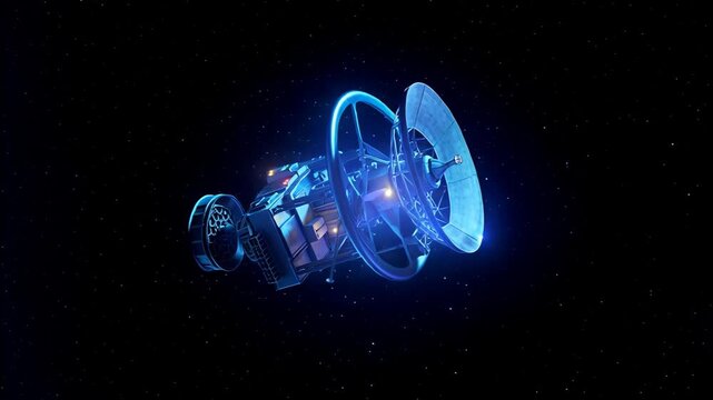 A sweeping wide shot of a futuristic spacecraft drifting through the vastness of space. The ship, adorned with vibrant lights and intricate details, rotates slowly, revealing its complex structure. St