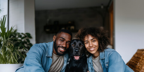 young African-American couple smiles happily as they sit next to a black Labrador retriever adopted from a shelter., animal care and protection