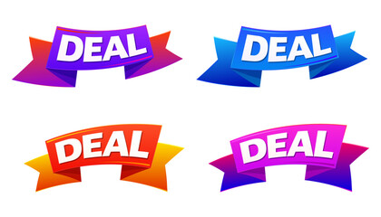 Set of four colorful 3D DEAL ribbon banners isolated