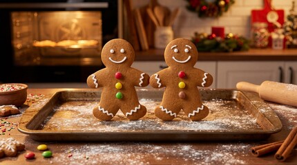Gingerbread Delight: Two adorable gingerbread men stand proudly on a baking sheet. The festive scene captures the warmth of baking, holiday cheer and festive decorations.