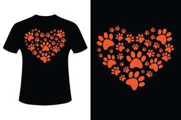Glowing heart shaped paw print t shirt design with orange and pink accents on black background