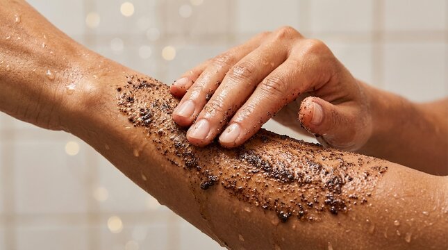 Moist, dark arm is exfoliated with coarse brown coffee scrub being rubbed in circular motions by a darker-skinned hand.