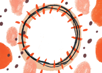 Vibrant illustration of virus cells with orange spikes on black background