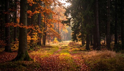 Fototapeta premium Autumn Forest Path - A Serene Walk Through Natures Embrace.