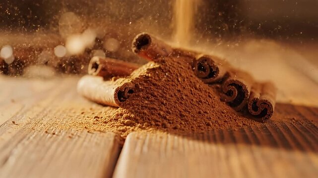 A mesmerizing close-up captures fragrant brown spice powder gracefully falling onto a rustic wooden surface, creating a delicate cloud of dust. Adjacent to the settling powder are elegantly curled spi