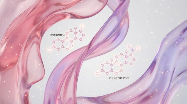 Abstract medical art of female hormonal balance with estrogen and progesterone molecules floating in fluid