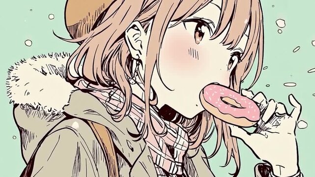 Anime style girl eating a donut in a peaceful moment

