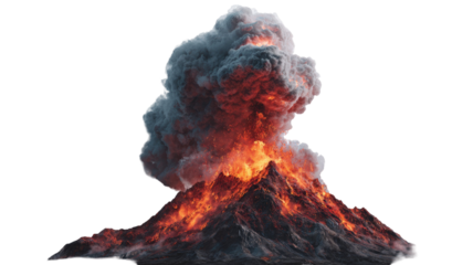 Powerful volcanic eruption with burning lava intense ash plume dramatic geological event isolated on white background