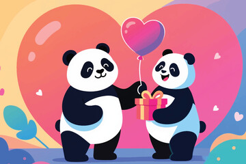 Naklejka premium Two cartoon pandas exchanging heart balloon and gift in front of large pink heart background.