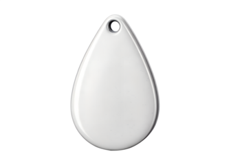 Teardrop shaped white pendant with hole at top on black background