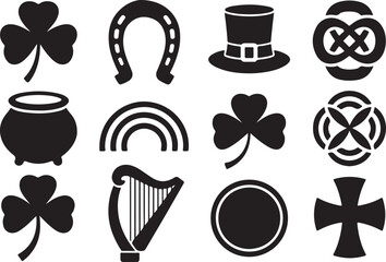 St Patricks Day Icons Collection Featuring Shamrocks Horseshoe Pot of Gold Rainbow and Harp clover luck