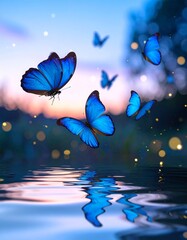 Cinematic close-up of blue butterflies hovering above water at twilight, mirrored reflections below, floating light particles, soft focus background, serene and mystical fantasy scene.
