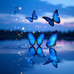 Cinematic close-up of blue butterflies hovering above water at twilight, mirrored reflections below, floating light particles, soft focus background, serene and mystical fantasy scene.