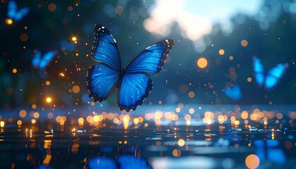 Cinematic close-up of blue butterflies hovering above water at twilight, mirrored reflections below, floating light particles, soft focus background, serene and mystical fantasy scene.