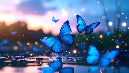 Cinematic close-up of blue butterflies hovering above water at twilight, mirrored reflections below, floating light particles, soft focus background, serene and mystical fantasy scene.
