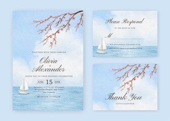 Watercolor sea view wedding invitation with sailboat and sakura branch. Set of wedding invitation template with watercolor landscape.