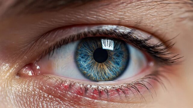 A mesmerizing, extreme close-up shot of a human eye, revealing a strikingly vibrant blue and golden-brown iris. The intricate, radial patterns of the iris radiate from the dark, perfectly circular pup