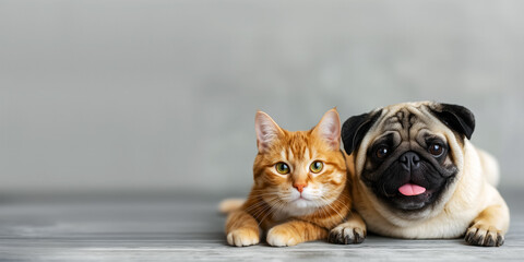 portrait of pets against a minimalist background, a fawn pug and a red tabby cat with bright green eyes, copy space for a pet adoption ad