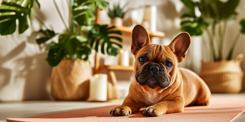 tranquil yoga studio scene with an adorable French bulldog on a soft coral-pink mat, copy space poster for a yoga studio promoting its daily workout routine