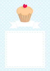 Restaurant vector menu template, wedding card, list or baby shower invitation with sweet chocolate cupcake, red heart on top, blue pattern white polka dots background with white space for text message