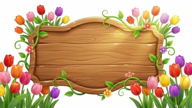 wooden sign board framed by colorful tulips and green vines. spring nature background with copy space. easter and mother's day celebration. greeting card
