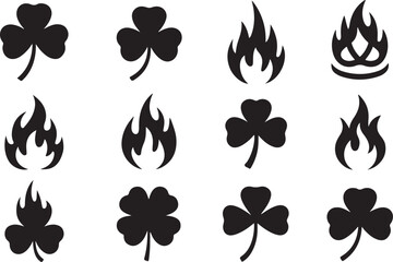 St Patricks Day Icons Featuring Shamrocks and Flames in Silhouette on White Background Keywords: st patricks day, shamrock, clover, three leaf clover, four leaf clover, flame, fire, burning, hot