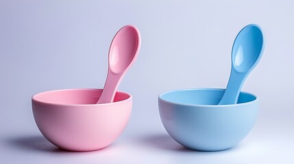 Two pastel colored plastic baby feeding bowls with small spoons for infant care isolated on light.