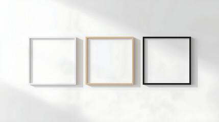 A minimalist composition features three empty square picture frames aligned horizontally against a clean white wall. The frames, described from left to right, include a thin white frame, a natural lig