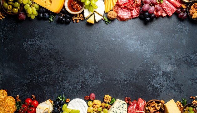 A variety of meat and cheese snacks. Top view bottom border with copy space on a slate stone banner background