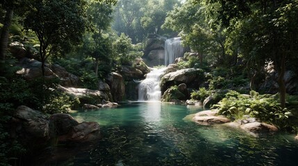 Lush green jungle waterfall cascading into turquoise pool