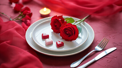 A romantic tablescape featuring red roses a candle and heart shaped chocolates perfect for a special occasion