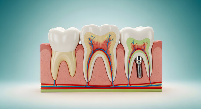3D render illustrating human tooth anatomy, a healthy tooth, and a restorative dental implant solution