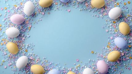 Pastel Easter eggs and sprinkles arranged in a circle