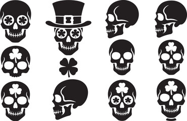 St Patricks Day Skulls with Shamrocks and Top Hat Icons in Silhouette Keywords: st patricks day, skull, skeleton, head, shamrock, clover, three leaf clover, four leaf clover, leprechaun hat, top