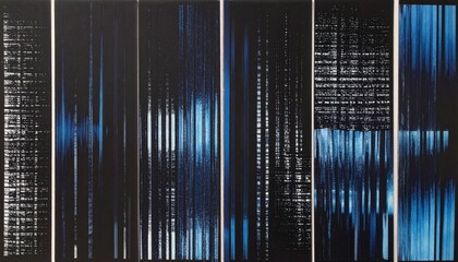 Abstract vertical line panels in black, white, and blue