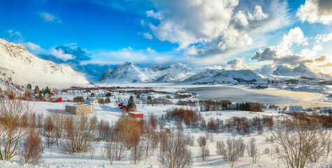 Amazing winter scenery over Bostad village and Torvdalshalsen lake seen from Torvdalshalsen.