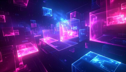 Floating neon squares in digital tunnel space